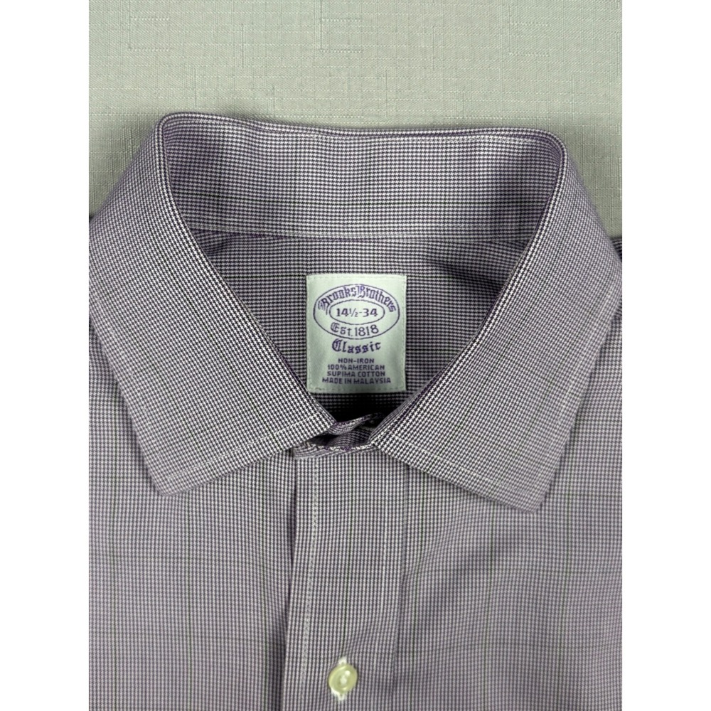 Brooks Brothers Classic Non-Iron Dress Shirt Purple White Micro Check 14.5 34 - Picture 6 of 9